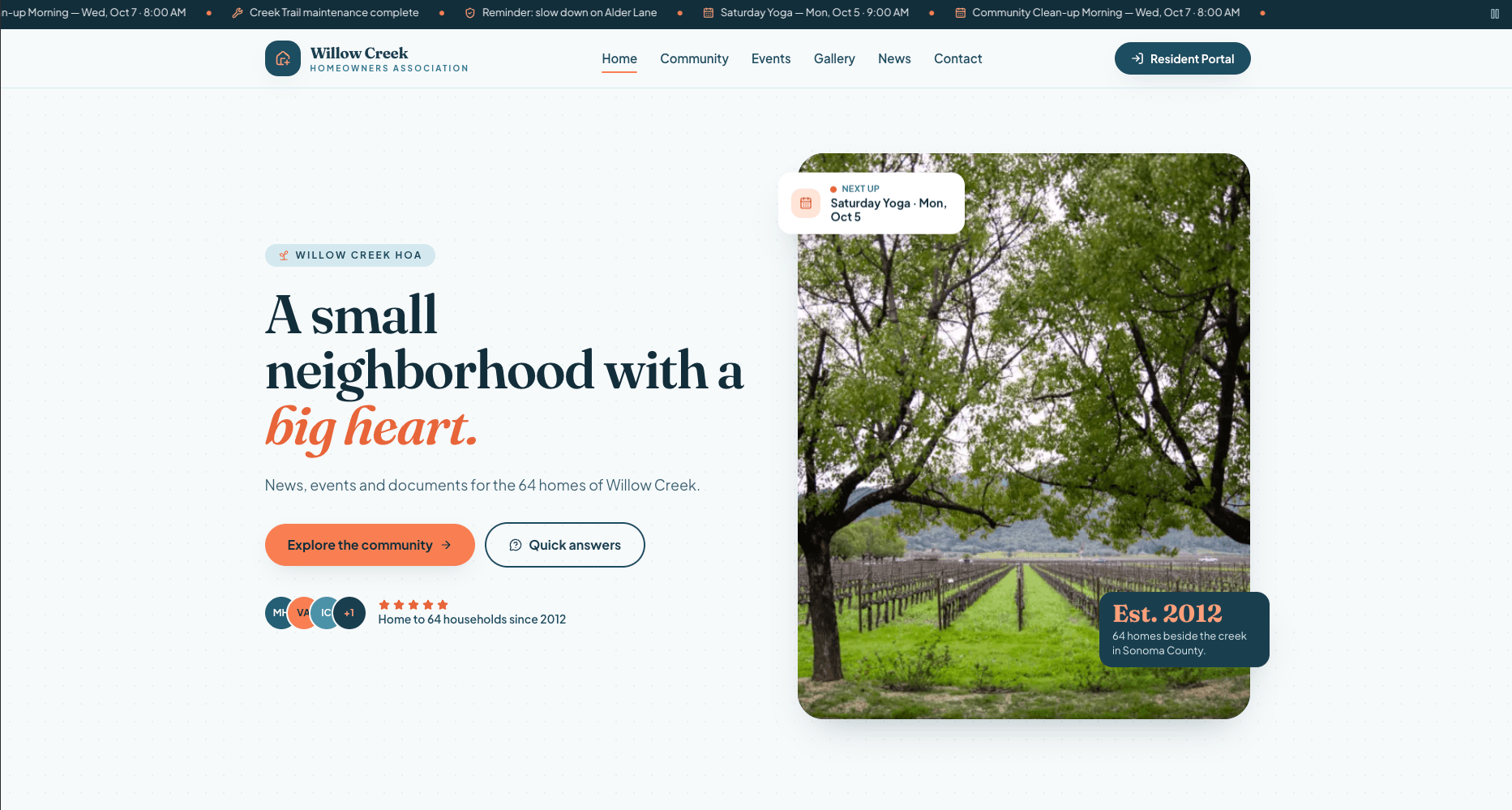 Willow Creek community website using the Grove template